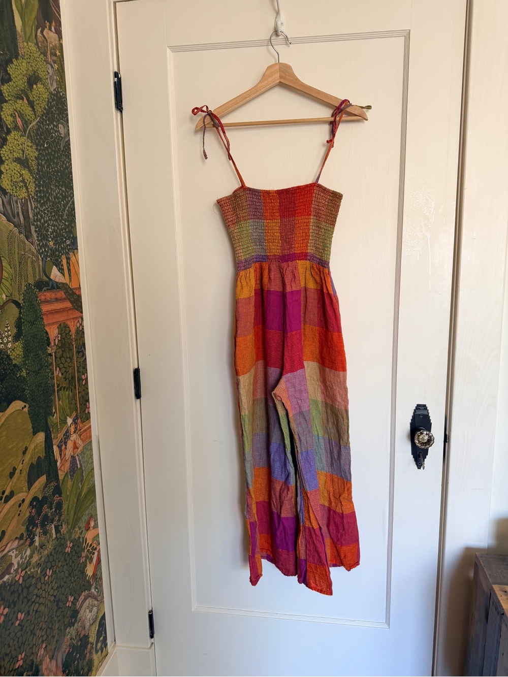 dRA 100% Linen Wide Leg Smocked Colorful Checkered Plaid Print Jumpsuit - MP - Picture 6 of 11
